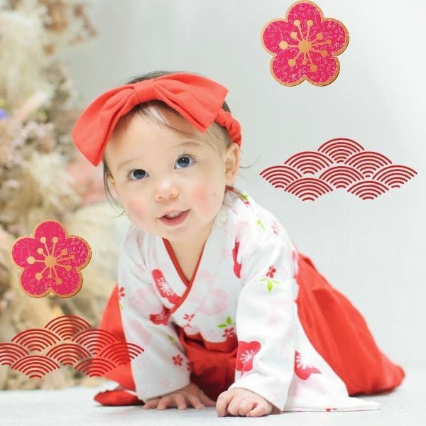 袴ロンパース60 70 80 90サイズ【お食い初めやお宮参り】女の子花柄梅赤 袴ロンパース60 70 80 90サイズ【お食い初めやお宮参り】女の子花柄梅赤