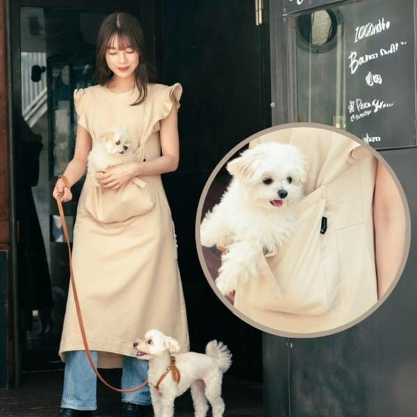 犬抱っこ服】カンガルーポケット服(犬が入れる)大人上品ワンピース【P